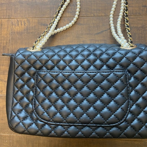 Black Quilted Shoulder Bag with Gold and Pearl Accents - Picture 9 of 12
